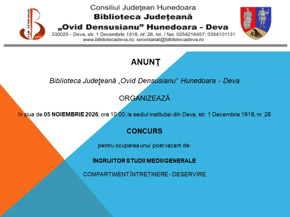 Anunț – CONCURS pentru ocuparea unui post vacant de ÎNGRIJITOR